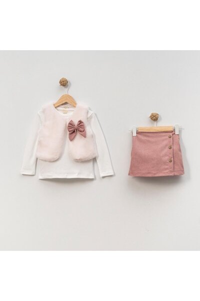 Magu Girl's Cotton Pink Bow 3-Piece Furry Vest Set Skirt Set – Elegant Casual Combination