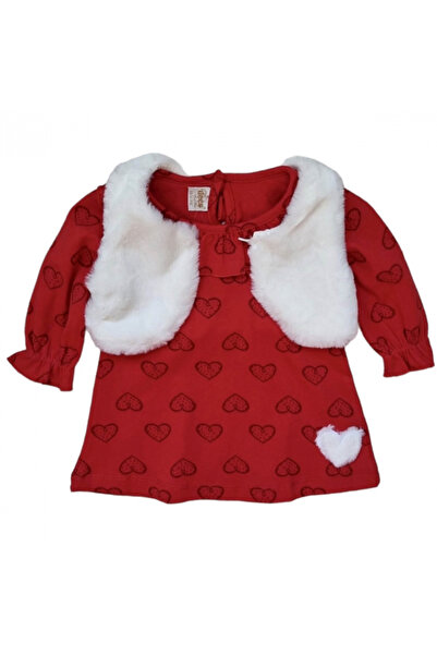 Miniworld Girls' cotton dress with hearts and white fur vest