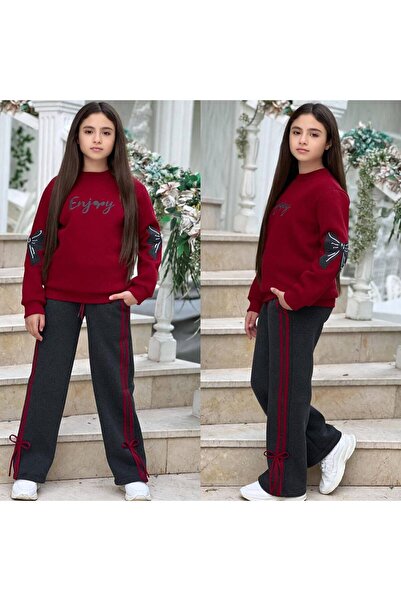 zavera for kids Girl's Bow Detailed Two-Piece Tracksuit Set - 3 Threads - Applique Detailed