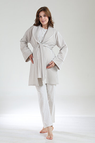 PREGNANT WORLD Women's Beige Melange Shawl Collar Winter Design Long Sleeve Maternity Pajama Set