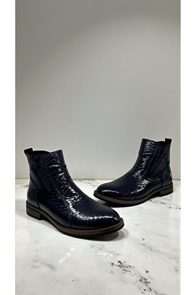 Mammamia D25Kb-8200 Navy Blue Patent Leather Genuine Leather Full Orthopedic Daily Women's Boots