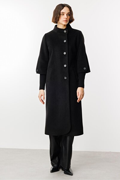 Micca Triko Kol Detaylı Soft Kaşe Kumaş Özel Manto-Siyah