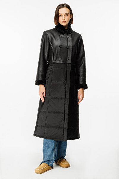 Micca Ruul Soft Suni Kürklü Deri ile Kapitone Dolgulu Alt Beden Kışlık Özel Manto Kaban-Siyah