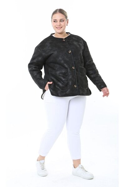 Butik Nilyam Women's Plus Size Button Detailed Nubuck Coat with Lamb Plush Inside and Pockets 25031