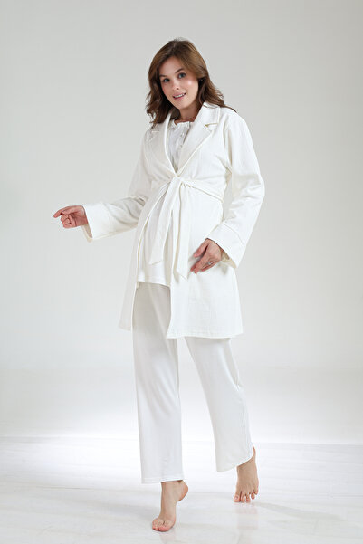 PREGNANT WORLD Women's Ecru Jacquard Shawl Collar Winter Design Maternity Pajama Set