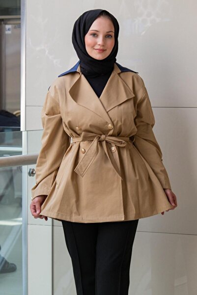 Ghisa Double-Breasted Collared Denim Combination Short Trench Coat