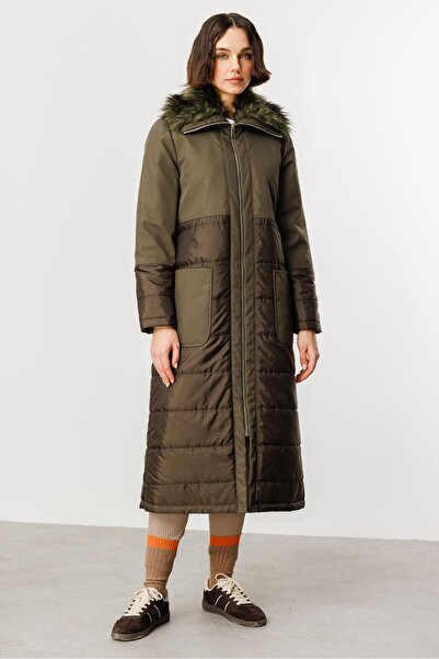 Micca Peluş Yakalı Dolgu İç Beden Spor Kaban Manto-Haki