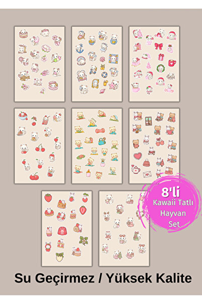 VORACRAFT 8'li Kawaii Tatlı Hayvan Set, Minik Pembe sticker Set Ajanda Bullet...
