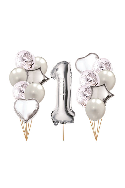 Mirific Party Set of 15 party balloons, metallic silver foil, silver sequins, TZ5239, number 1, 80x45x30 cm