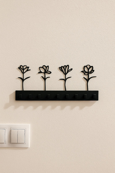 Barstech Dekoratif Çiçek Desenli Anahtarlık Askısı - Duvar Tipi 8 Kancalı