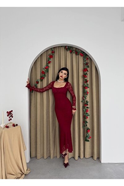 Masspera Kare Yaka Uzun Kollu Porter Midi Dantel Elbise