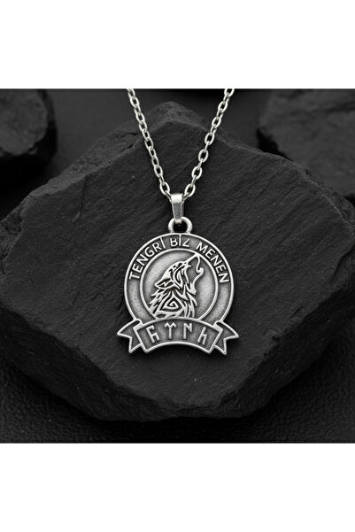 Alooya Tengri Biz Menen Göktürkçe Gümüş Kaplama Düz Zincir Kolye