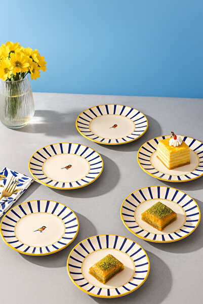Paşabahçe Modern Kuş Figürlü 6 Parça Porselen Pasta Tatlı Tabağı-Gold Detaylı Sunum Servis Tabağı