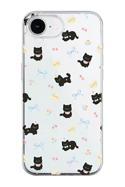 shoptocase iPhone 16E Uyumlu Lovely Cat Desenli Şeffaf Silikon Telefon Kılıfı
