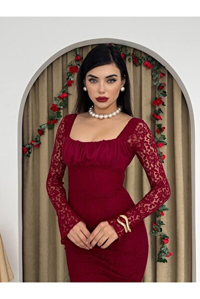 Mostpera Kare Yaka Uzun Kollu Porter Midi Dantel Elbise