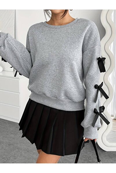 LEONE KOLEKSİYON Стильний сірий жіночий светр з коміром-стійкою та бантиком