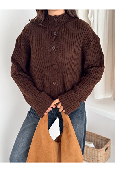 MAXXANA Mock Neck Cotton Cardigan with Folded Sleeves