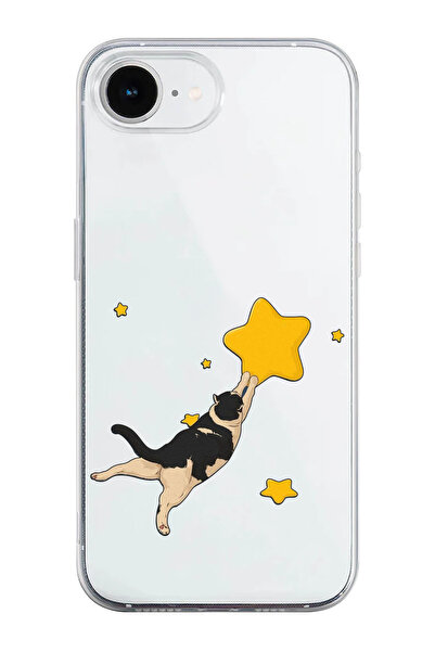 shoptocase iPhone 16E Uyumlu Yıldızlı Kedi Desenli Şeffaf Silikon Telefon Kılıfı