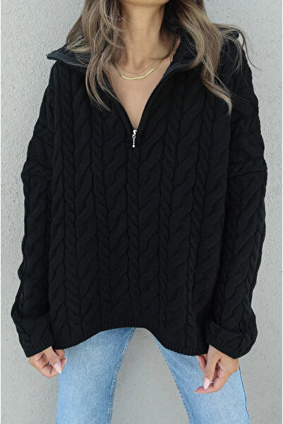 Narstorm Women's Black Zippered Hair Knit Sweater