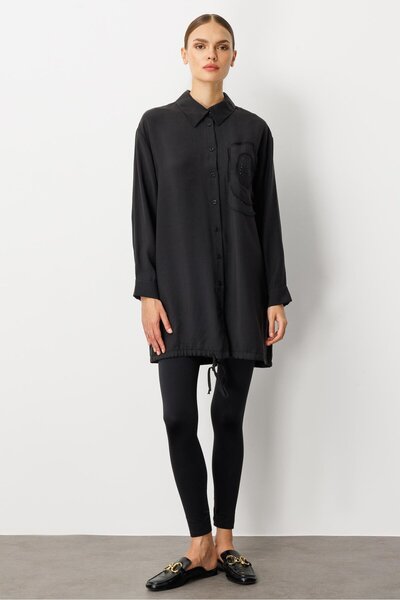 Micca Soft Modal(%90) İçerikli Elişi Çiçek İşlemeli Tunik-Siyah