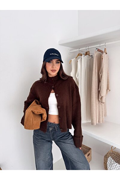 MAXXANA Mock Neck Cotton Cardigan with Folded Sleeves