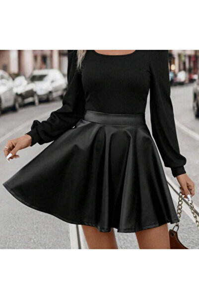 TUA MODA Tua Moda Women's Long Sleeve Square Neck Top Viscose Bottom Leather Mini Dress