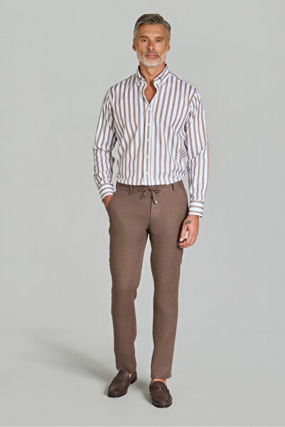 Bisse Men's Tan Color Elastic Lace-Up Sports Linen Trousers