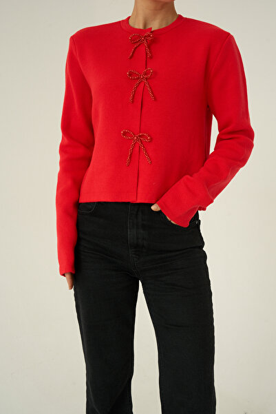 LOOSH Kadın Krem Bisiklet Yaka Fiyonk Düğme Detaylı Hırka