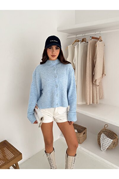 MAXXANA Mock Neck Cotton Cardigan with Folded Sleeves