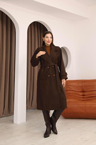 Hazel Women's Brown Double-Breasted Oversized Belted Long Cashmere Coat