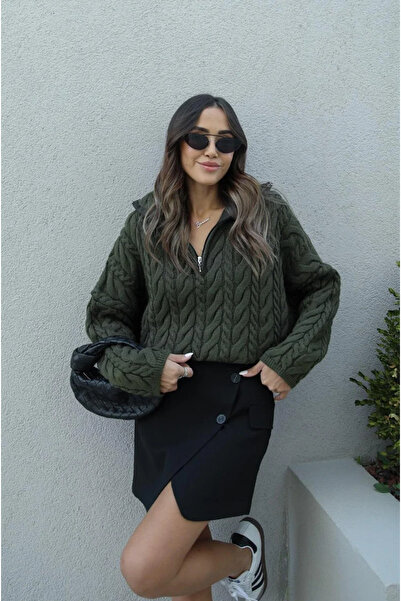 Narstorm Women's Khaki Collar Zippered Hair Knit Sweater