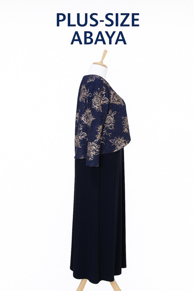 HESNA Navy Blue Zuhal Jacketed Plus Size Stylish Patterned Mother Evening Dress Suit