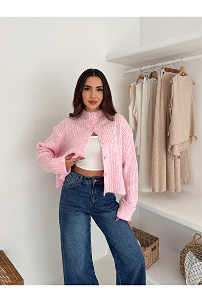 MAXXANA Mock Neck Cotton Cardigan with Folded Sleeves