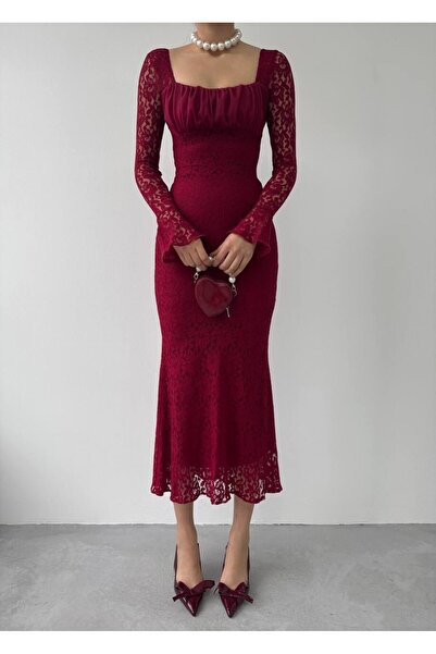Masspera Kare Yaka Uzun Kollu Porter Midi Dantel Elbise