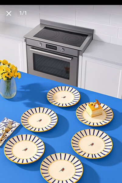 Paşabahçe Modern Kuş Figürlü 6 Parça Porselen Pasta Tatlı Tabağı-Gold Detaylı Sunum Servis Tabağı