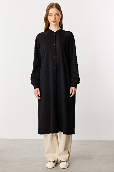 Micca Rame Simli Garni Pamuk Karışımli İnce Örme Kap Ferace-Siyah