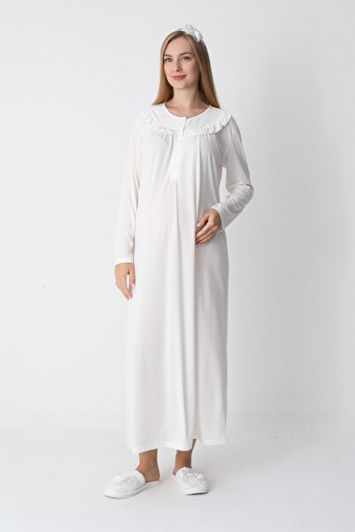 BLACKMORE Women's Ecru Special Lace Design Full Length Winter Cotton Maternity Nightgown-Robe Set