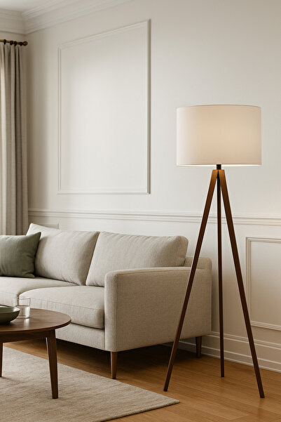 HOMELL Ahşap Üç Ayaklı Kumaş Başlıklı Lambader – Modern Tripod Salon & Oturma Odası Aydınlatma Lambası