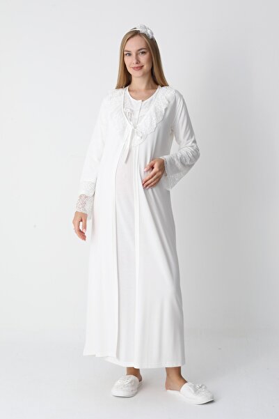 BLACKMORE Women's Ecru Special Lace Design Full Length Winter Cotton Maternity Nightgown-Robe Set