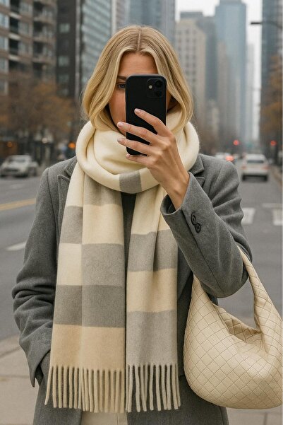 Melissa Boutique Women's Beige Gray Square Patterned Soft Puffy Scarf with Tassel Detail