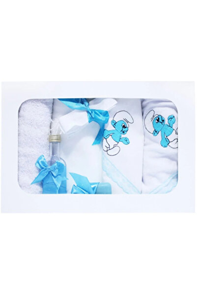 Inovius Trusou Botez cu 7 piese - Strumf brodat - ALB - TURCOAZ - TB69