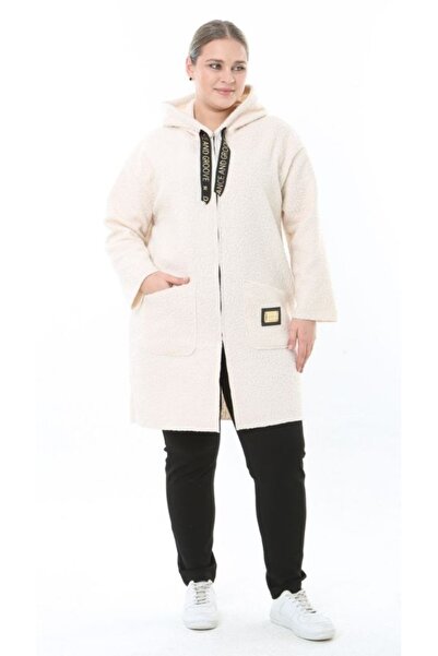 Butik Nilyam Women's Plus Size Midi Hooded Turn-Down Collar Cashmere Coat 25061