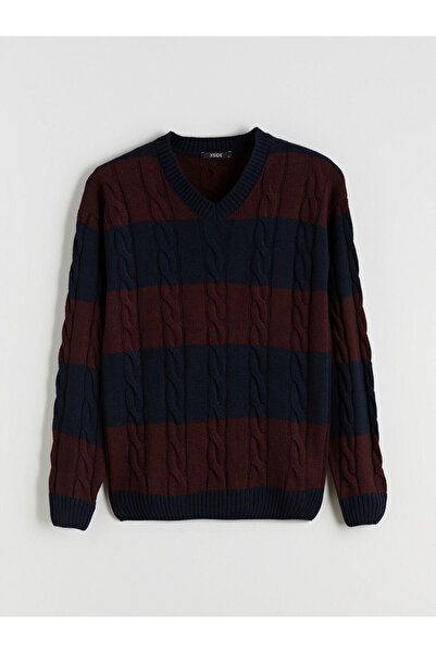 LC Waikiki Burgundy V-Neck Striped Men's Knitwear Sweater