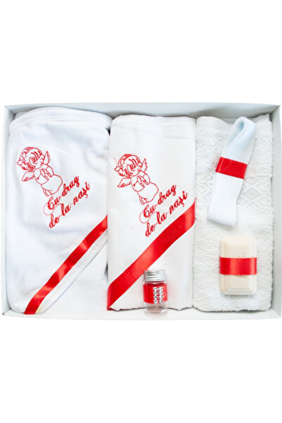 Inovius Trusou Botez 6 piese cu Text Brodat, Ingeras, Alb Rosu - TB114