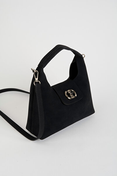 Vivaq Women's Black Suede Flip Lock Closure Handbag and Shoulder Bag