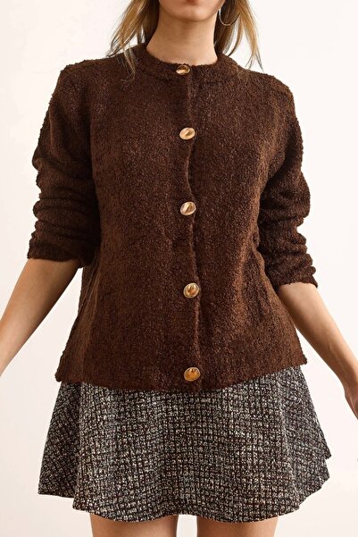 MADAMMERY Gold Buttoned Boucle Comfortable Women's Knitwear Cardigan
