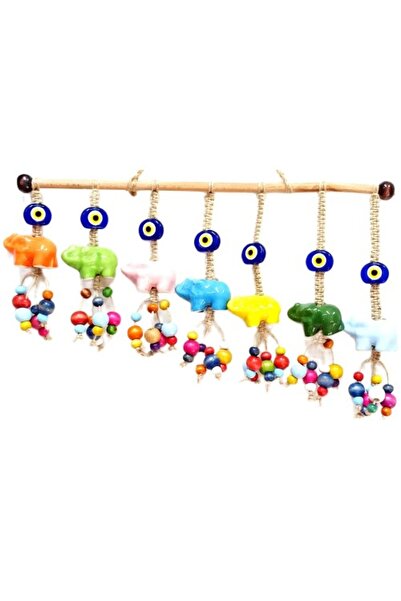 Genel Markalar Seramik Yedi Adet Filli Nazar Boncuklu Rengarenk Tahta Boncukl...