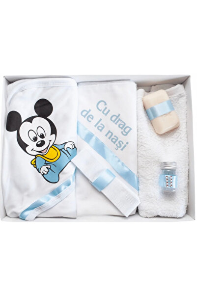 Inovius Trusou Botez 6 piese cu text imprimat "Mickey Mouse" ALB - BLEU - TB102