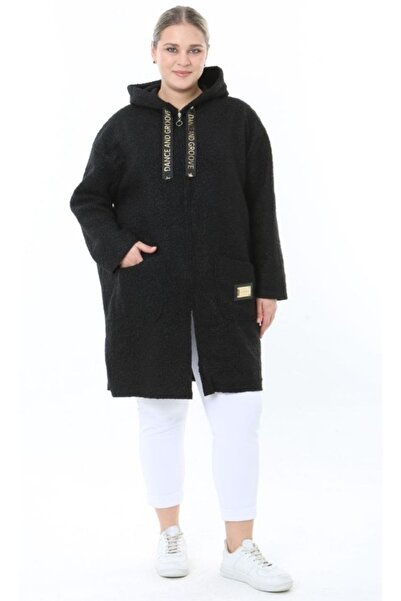 Butik Nilyam Women's Plus Size Midi Hooded Turn-Down Collar Cashmere Coat 25061