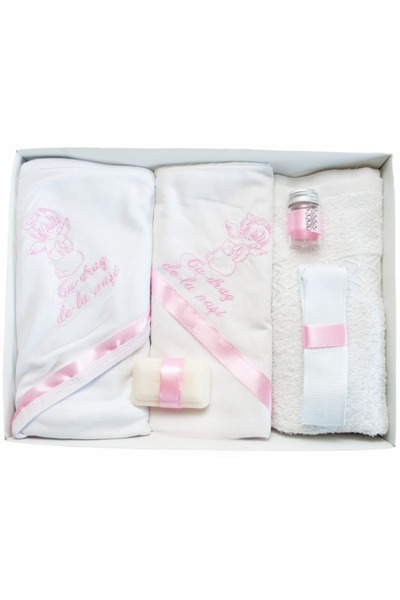 Inovius Trusou Botez 6 piese cu Text Brodat, Ingeras, Alb Roz - TB116